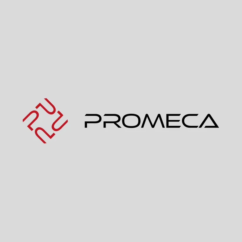 Logo principal Promeca avec symbole rouge et nom de marque noir sur fond blanc cassé.